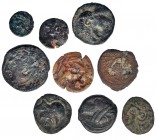 9 monedas hispanocartaginesas, Ebusus y Gades: calcos (3), unidad (1) y divisores (5). De RC a BC+.
