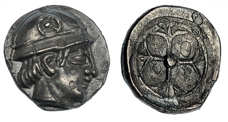 GALIA. Masalia. Óbolo (470-390 a.C.). A/ Busto masculino a der. con casco decora...