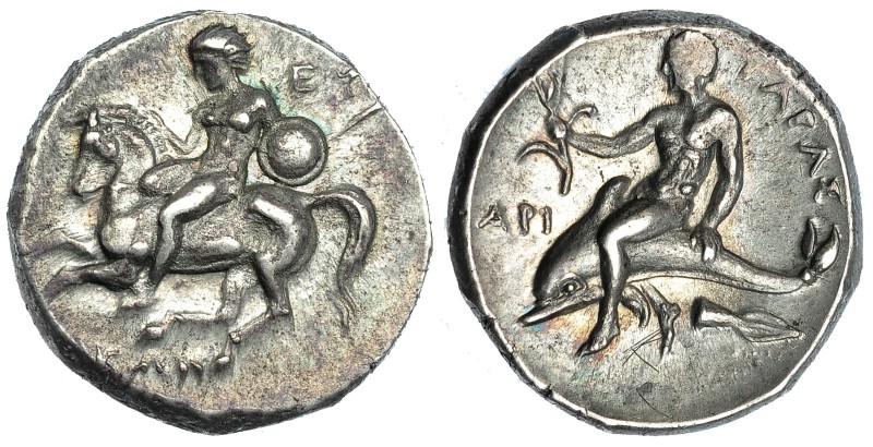 CALABRIA. Tarento. Didracma (281-270 a.C.). A/ Jinete con lanza y escudo a izq. ...