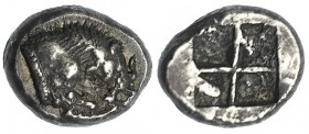 LUCANIA. Velia. Dracma (535-510 a.C.). A/ Prótomo de león a der. R/ Cuadrado incuso. AR 3,89 g. COP-1521. SBG-249. MBC+. Rara.
