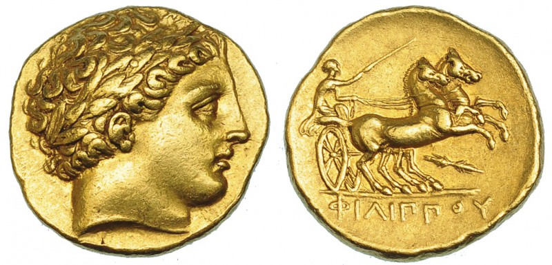 MACEDONIA. Filipo II. Estátera. Pella (359-336 a.C.). A/ Cabeza laureada de Apol...