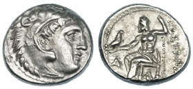 MACEDONIA. Alejandro III. Sardes. Dracma (323-319 a.C.). R/ Marcas: A a la izq. y mosca bajo el trono. AR 4,24 g. prac-2630. ebc-.