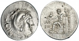 MACEDONIA. Alejandro III. Aspendos. Tetradracma (212-184 a.C.). A/ Cabeza de Heracles a der. con piel de león. R/ Zeus entronizado a izq. con cetro y ...