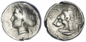 MISIA. Kyzikos. Tetradracma (390-330 a.C.). A/ Cabeza diademada y velada de Perséfone a izq., encima, poco visible: EWTEIRA. R/ Cabeza de león a izq.,...
