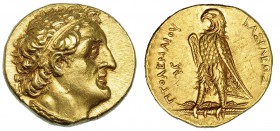 EGIPTO. Ptolomeo II Filadelfos. Pentadracma (285-246 a.C.). A/ Cabeza laureada de Ptolomeo a der. R/ Águila sobre rayos a izq., delante, monograma S; ...