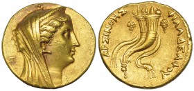 EGIPTO. Arsinoe II, esposa de Ptolomeo III. Octodracma (256-243 a.C.). A/ Cabeza diademada y velada a der., detrás, dos puntos entre líneas. R/ Doble ...