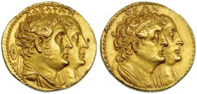 EGIPTO. Ptolomeo III Evergetes. Octodracma. A/ Bustos adosados a der. de Ptolomeo II y su esposa Arsinoe II, detrás, escudo, arriba: ADELFWN. R/ Busto...