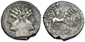 ACUÑACIONES ANÓNIMAS. Cuadrigato. Roma (218-212 a.C.). A/ Cabeza laureada de Jano. R/ Júpiter en cuádriga, debajo, ROMA en cartela. CRAW-28/3. Cospel ...