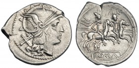 ACUÑACIONES ANÓNIMAS. Denario. Sur de Italia (200-190 a.C.). R/ ROMA en cartela. FFC-7. SB-2. Fina grieta. EBC-.