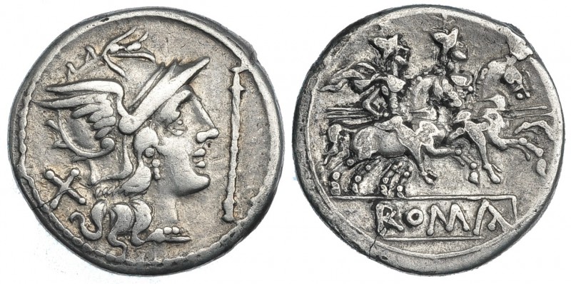 ACUÑACIONES ANÓNIMAS. Denario. Roma (200-190 a.C.). A/ Cabeza de Roma a der. ent...