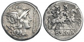 ACUÑACIONES ANÓNIMAS. Denario. Roma (200-190 a.C.). A/ Cabeza de Roma a der. entre X y cetro. FFC-22. SB-20cc. MBC/MBC-.