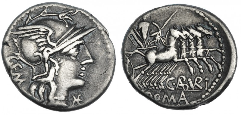 ABURIA. Denario. Roma (134 a.C.). R/ Marte en cuádriga. FFC-89. SB-1. MBC.