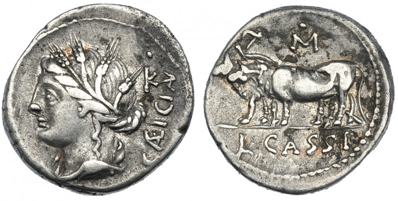 CASSIA. Denario. Roma (102 a.C.). A/ Letra: K. R/ Letra: M con punto. SB-4. FFC-...