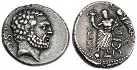 CORNELIA. Denario. Roma (74 a.C.). A/ Cabeza de Hércules a der., detrás: Q.S.C. R/ El Genio sentado de frente, con cetro y cornucopia, coronado por la...