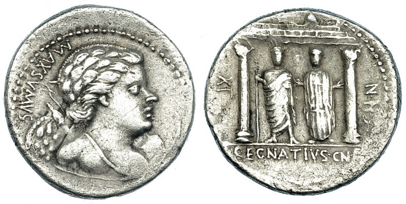 EGNATIA. Denario. Taller auxiliar de Roma (75 a.C.). A/ Busto de Cupido a der. c...