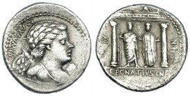 EGNATIA. Denario. Taller auxiliar de Roma (75 a.C.). A/ Busto de Cupido a der. con arco y carcaj. R/ Júpiter y la Libertad de pie, de frente, dentro d...