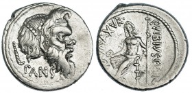 VIBIA. Denario. Roma (48 a.C.). A/ Máscara de Pan a der., detrás, cayado; PANSA. FFC-1221. SB-19. Rev. ligeramente descentrado. EBC-/MBC+.