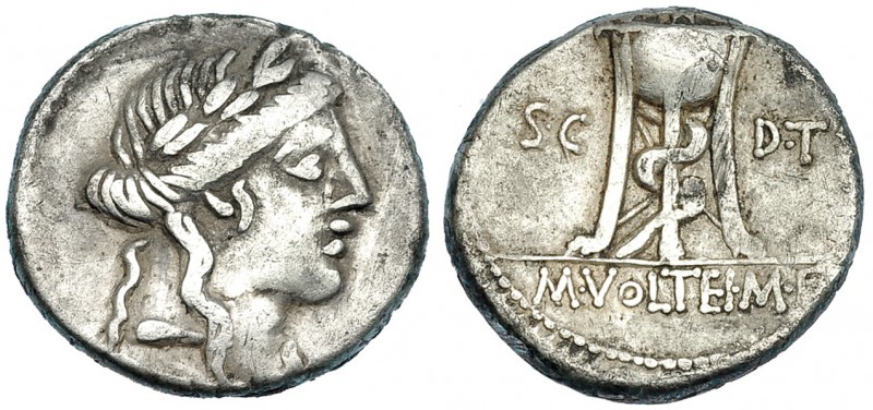 VOLTEIA. Denario. Roma (81 a.C.). A/ Cabeza laureada de Apolo a der. R/ Trípode ...