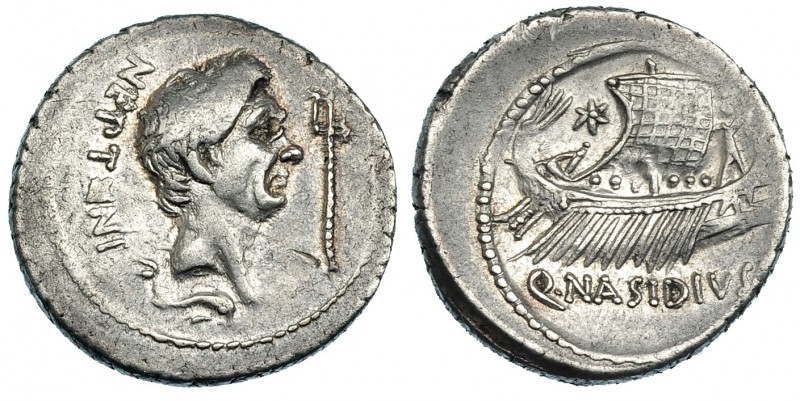 POMPEYO EL GRANDE. Denario. Sicilia (44-43 a.C.). A/ Cabeza de Pompeyo a der., d...