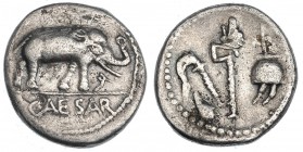 JULIO CÉSAR. Denario. Galia (54-51 a.C.). A/ Elefante a der., sobre carnyx, en el exergo: ROMA. R/ Símpulo, aspersorio, hacha y apex. FFC-50. SB.49. P...