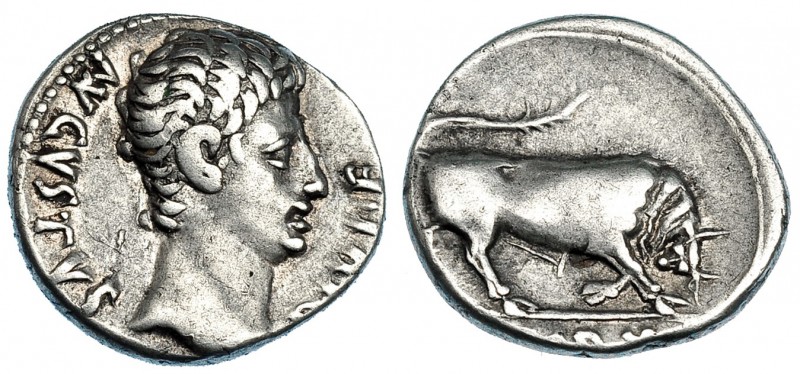AUGUSTO. Denario. Lugdunum (15-13 a.C.). A/ Busto desnudo a der.; AVGVSTVS DIVI ...