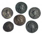 6 follis reducidos. Licinio II (2), Constantino I, Crispo, Constantino II y Constancio II. MBC+/EBC-.