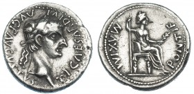 TIBERIO. Denario. Lugdunum (36-37). A/ Busto laureado a der. R/ Livia sentada a der. en silla con patas ornamentadas y sobre una línea; PONTID MAXIM. ...