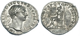 TRAJANO. Denario. Roma (111-112). A/ Busto laureado a der. R/ Roma sentada a izq., sosteniendo a la Victoria y lanza; COS. V P. P. S. P. Q. R. OPTIMO ...