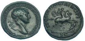TRAJANO. Dupondio. Roma (103-111). A/ Busto radiado a der., drapeado sobre el hombro izq. R/ Trajano a caballo a der., con lanza sobre dacio; S. P. Q....