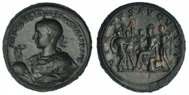 GORDIANO III. Medallón (238-244). AE 38’34 mm. A/ Busto de media figura a izq. con coraza y cetro, delante, la Victoria sobre globo; IMP. GORDIANVS PI...