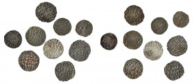 9 monedas de Alfonso X, todas diferentes, incluyendo 2 de Coruña. Dinero (6) y óbolo (3). Calidad media MBC.