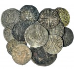 14 vellones y 2 de plata: dinero tornés, Francia (2); Alfonso I (2); Jaime I (9); señal, Tarragona; real recortado, Valencia; 1/2 real, Fernando el Ca...