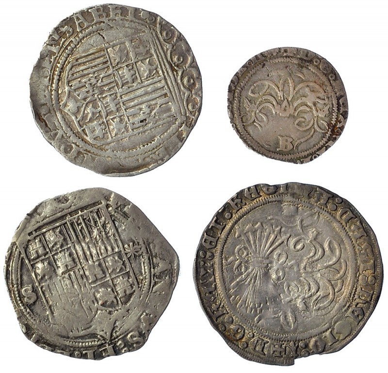 3 monedas de 1 real: Burgos y Sevilla (2) y 1/2 real de Burgos. Total 4 monedas....