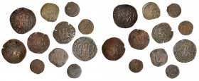 11 monedas de vellón y cobre de Reyes Católicos a Felipe II. De RC a MBC.