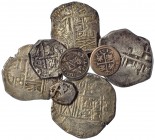 9 monedas de plata: 1/2 real, Potosí; 1/2 real, Segovia (2), 1627 y 1633; 8 reales, Potosí; 4 reales, Sevilla, V; 4 reales, Toledo, V; 4 reales, ¿Sevi...