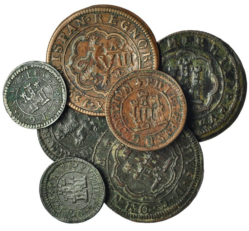 7 cobres. 1597-1598. Segovia. 4 maravedís (3), uno con resello; 2 maravedís (2),...