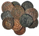 13 monedas de 8 maravedís. 1661-1664. Burgos, 1663; Coruña, 1663; Cuenca, 1663, Granada (2), 1663 y 1664; Madrid (3) 1661, Ymd, 1662, YM horizontal, 1...