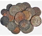 30 monedas: 16 maravedís (16), 8 maravedís (7) y 4 maravedís (5). 1661-1664. Burgos, Coruña, Cuenca (2), Granada (2, 8 maravedis), Madrid (8, con 2 de...