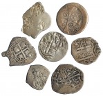 7 monedas: real (6) y 1/2 real. Carlos II y Carlos III, pretendiente. Potosí: 1666, 1684, 1688, 1694, 169- y 1/2 real, 1676. Barcelona, (17)06. Las do...