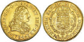 8 escudos. 1734. México. MF. VI-1733. Rayita en el rev. R.B.O. MBC+/EBC-.