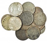 Colección de 15 monedas de 2 reales diferentes. Lima, Madrid (8), México (2), Potosí y Sevilla (3). Dos de ellas con agujero. De BC+ a MBC.