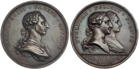Medalla conmemorativa. Boda del Principe de Asturias con María Luisa de Borbón-Parma. 1765. Grabador: T. Prieto. Bronce 50 mm. MPN-89. Golpecito en la...