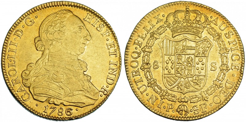 8 escudos. 1786. Popayán. SF. VI-1725. Pequeñas marcas. R.B.O. EBC-.