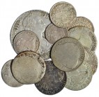 13 monedas de Felipe V a Carlos IV: 1/2 real (2), real (4), 2 reales (6) y 8 reales. De BC- a MBC.