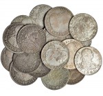 Colección de 20 monedas de 2 reales diferentes. Lima (4), Madrid (11), México (2) y Sevilla (3). BC/MBC+.