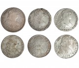 6 monedas de 8 reales. Lima (3), México (2) y Potosí. Una con soldadura y otra con resellos chinos. BC/MBC-.
