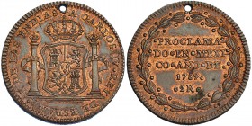 Medalla de proclamación con valor 2 reales. 1789. México. AE 28 mm. H-163 vte. R.B.O. Agujero. EBC. Muy escasa.