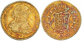 2 escudos. 1791. Popayán. S/F. VI-1103. Pátina rojiza. Golpecitos en el anv. MBC. Escasa.