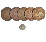 6 monedas: 8 maravedís (5) y 1 real. De RC a BC.