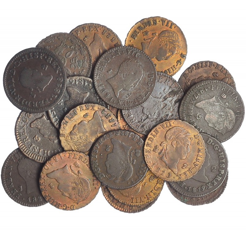 Colección de 21 monedas de 2 maravedís diferentes. Jubia (2), 1813-1826; Segovia...